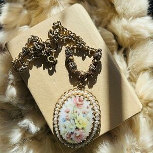 a Vintage West Germany Floral Bouquet Oval Faux Pearl Gold Tone Pendant Necklace